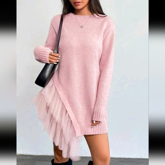 Women's Casual Round Neck Ruffled Hem Mesh Accent Mid-Length Sweater for autumn - Picture 1 of 5